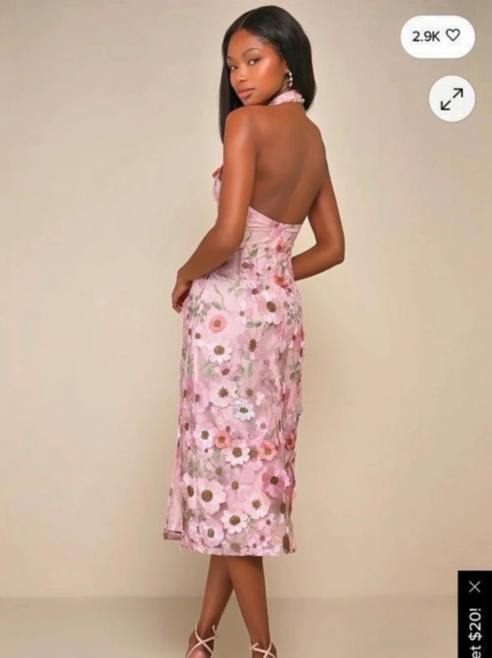Lulus Unique Impression Pink 3D Floral Embroidered Halter Midi Dress Small - Picture 3 of 7